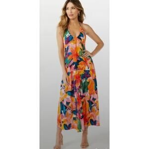 Sofia Vergara Midi Dress Women's XL Orange Blue Floral Halter V-Neck A-Line